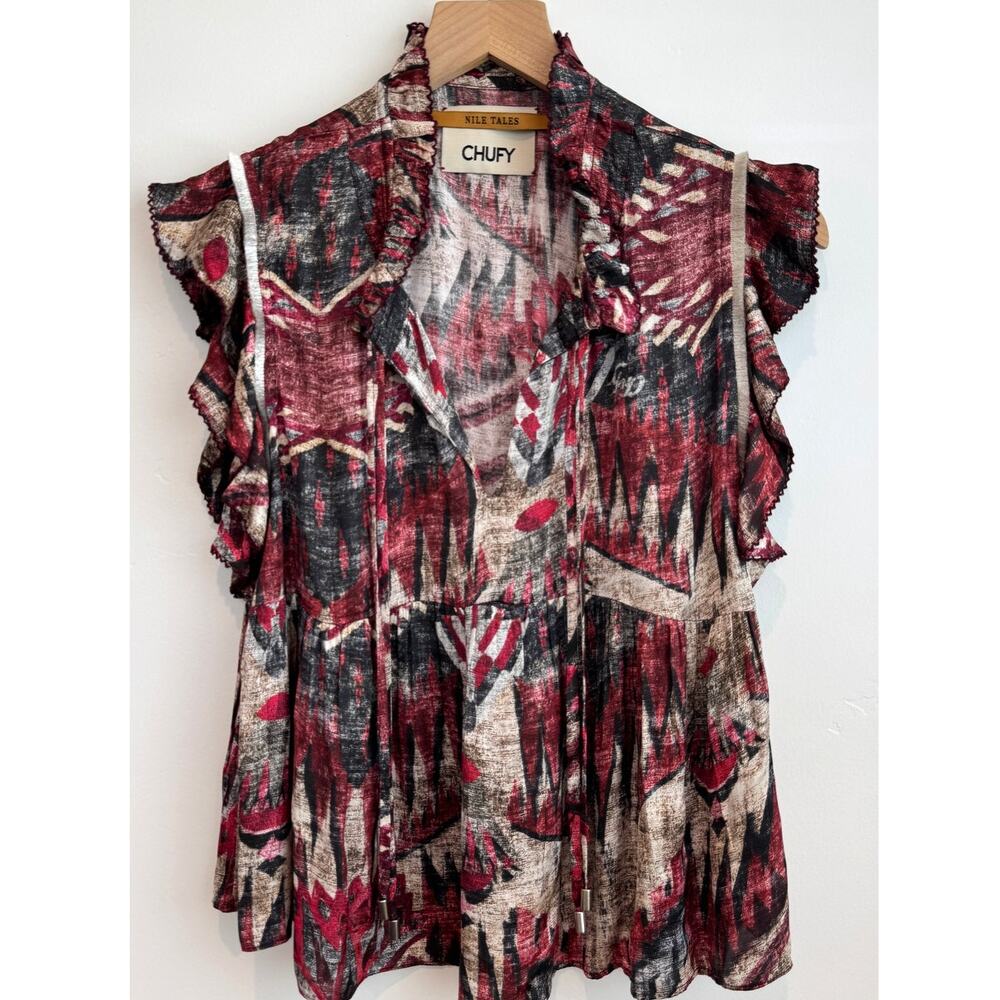 Chufy Nile Tales Ellis Top Nilo Berry Print Ruffle Sleeve Blouse Size Small
